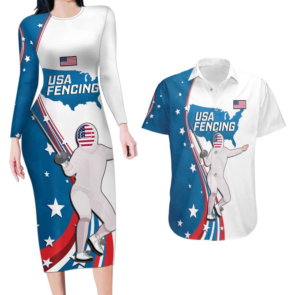Personalized USA Fencing Couples Matching Long Sleeve Bodycon Dress and Hawaiian Shirt 2024 United States Flag Curve Style - Wonder Print Shop