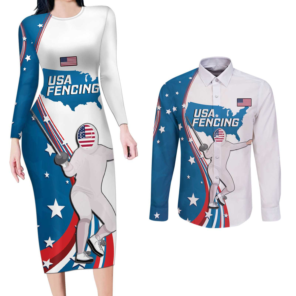 Personalized USA Fencing Couples Matching Long Sleeve Bodycon Dress and Long Sleeve Button Shirt 2024 United States Flag Curve Style - Wonder Print Shop