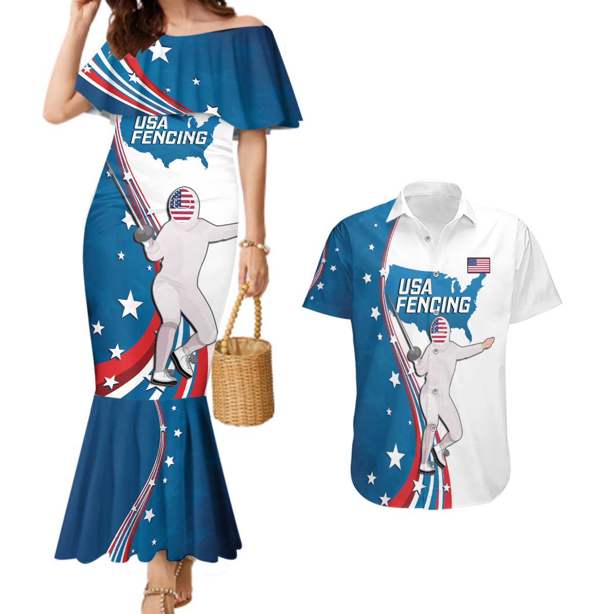 Personalized USA Fencing Couples Matching Mermaid Dress and Hawaiian Shirt 2024 United States Flag Curve Style - Wonder Print Shop