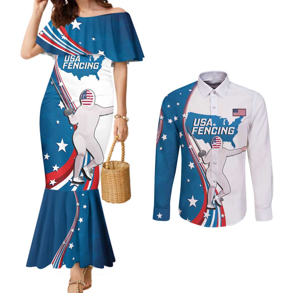 Personalized USA Fencing Couples Matching Mermaid Dress and Long Sleeve Button Shirt 2024 United States Flag Curve Style