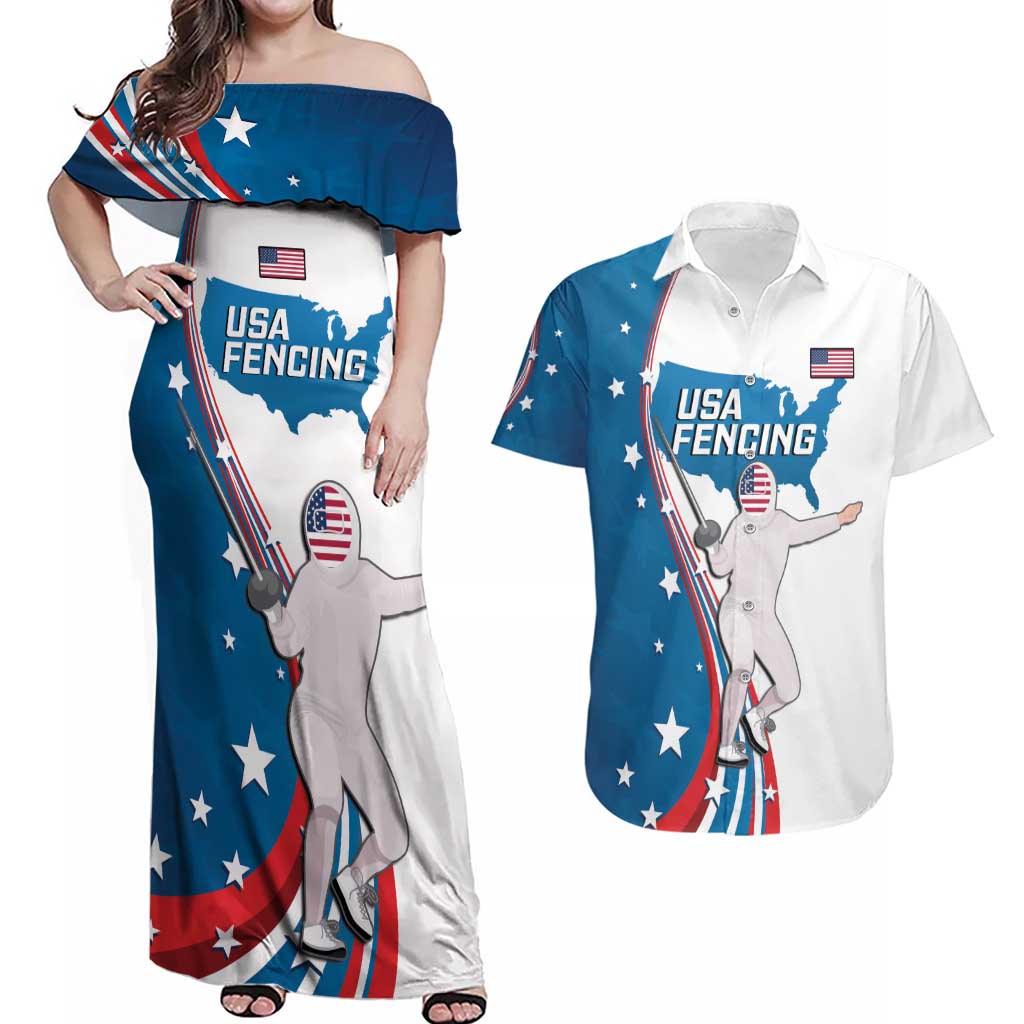 Personalized USA Fencing Couples Matching Off Shoulder Maxi Dress and Hawaiian Shirt 2024 United States Flag Curve Style - Wonder Print Shop
