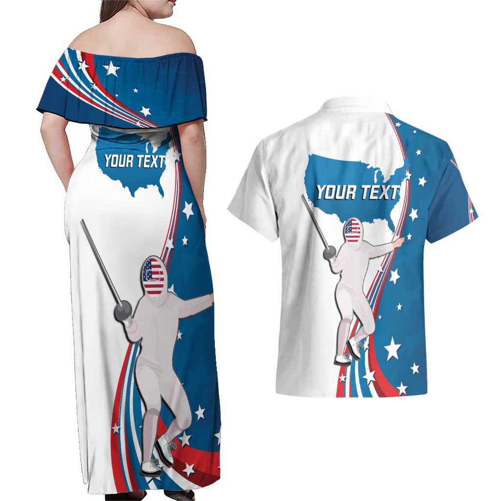 Personalized USA Fencing Couples Matching Off Shoulder Maxi Dress and Hawaiian Shirt 2024 United States Flag Curve Style - Wonder Print Shop