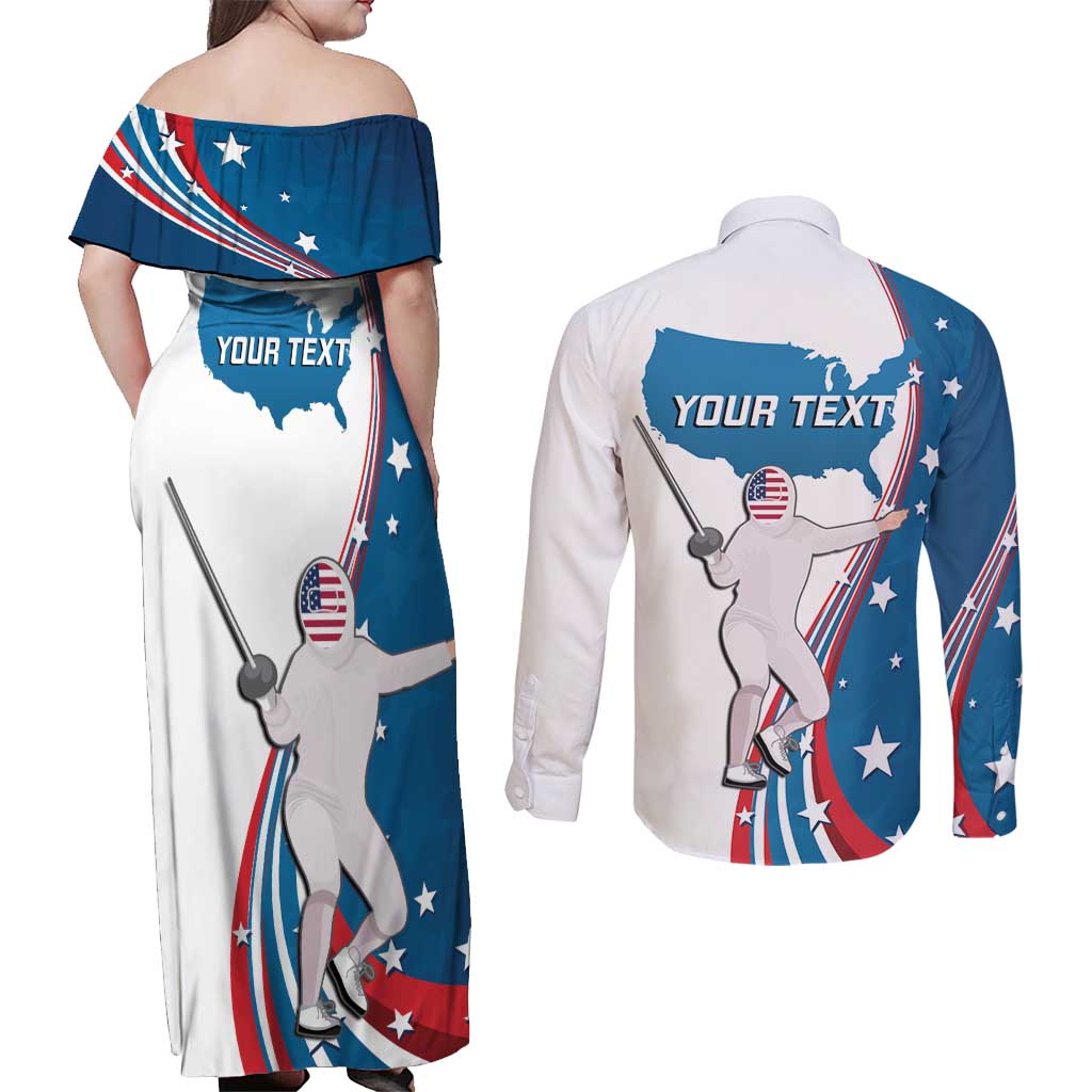 Personalized USA Fencing Couples Matching Off Shoulder Maxi Dress and Long Sleeve Button Shirt 2024 United States Flag Curve Style - Wonder Print Shop
