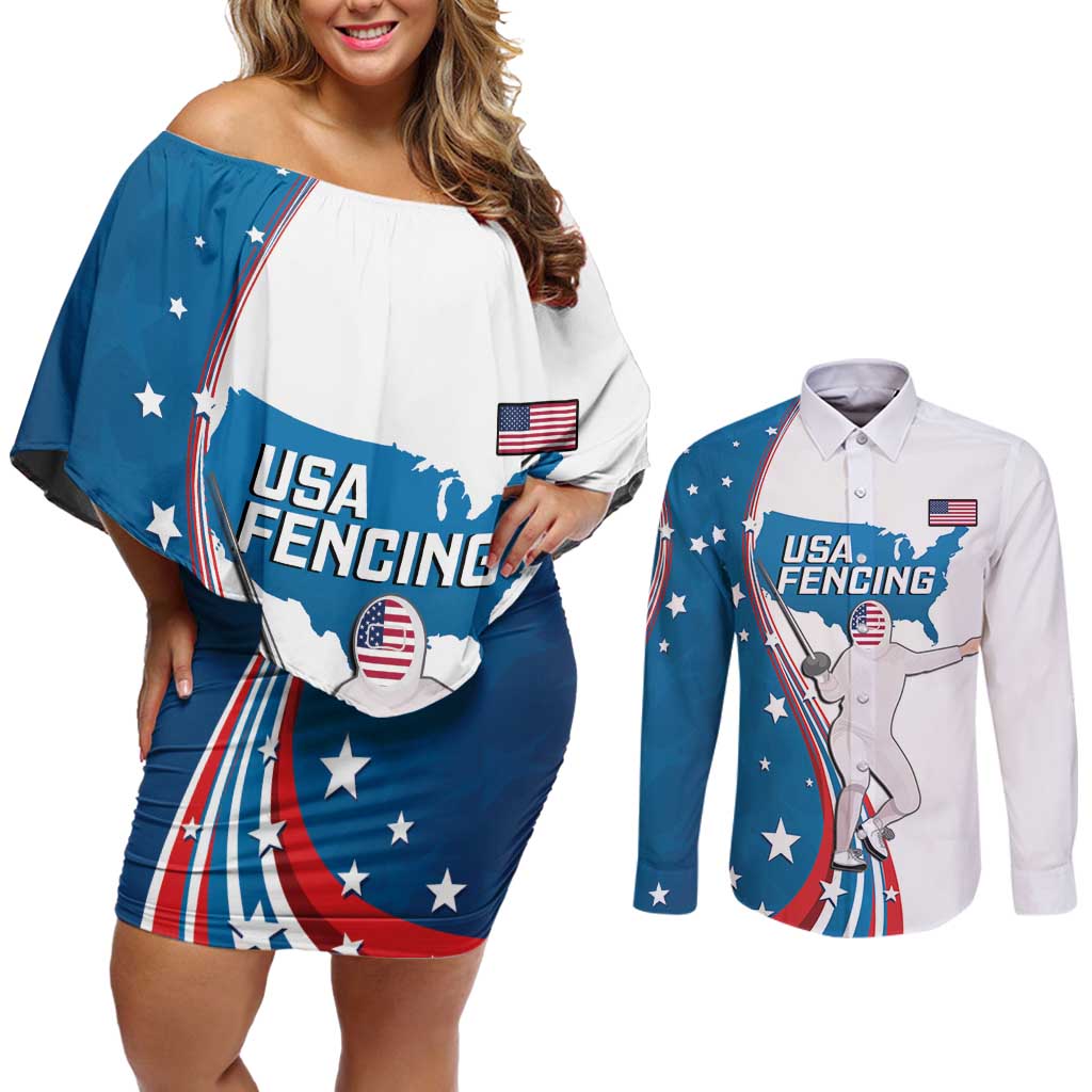 Personalized USA Fencing Couples Matching Off Shoulder Short Dress and Long Sleeve Button Shirt 2024 United States Flag Curve Style - Wonder Print Shop