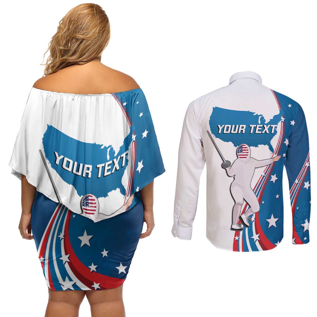 Personalized USA Fencing Couples Matching Off Shoulder Short Dress and Long Sleeve Button Shirt 2024 United States Flag Curve Style - Wonder Print Shop