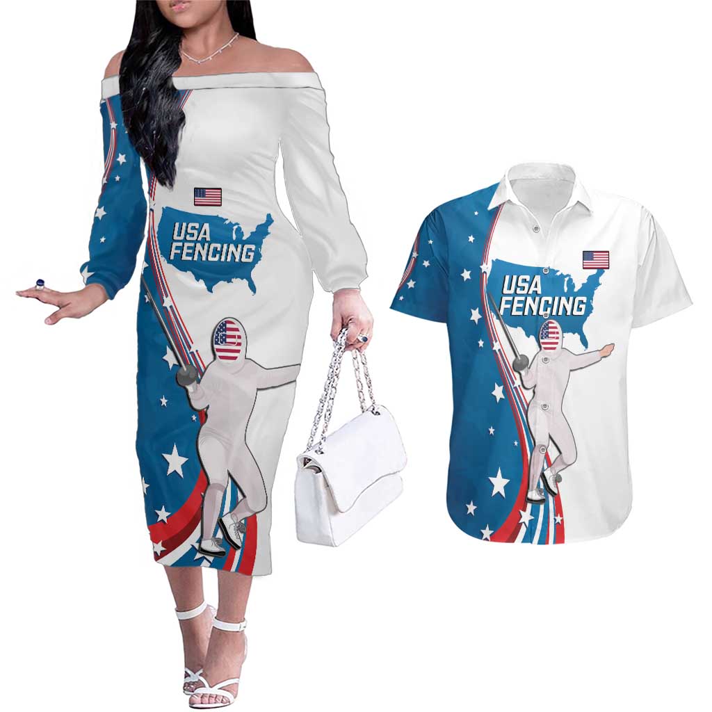 Personalized USA Fencing Couples Matching Off The Shoulder Long Sleeve Dress and Hawaiian Shirt 2024 United States Flag Curve Style - Wonder Print Shop