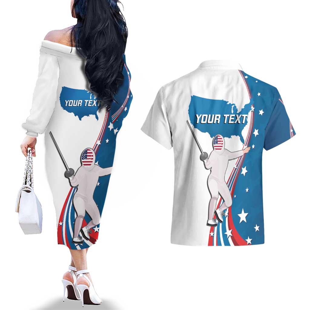 Personalized USA Fencing Couples Matching Off The Shoulder Long Sleeve Dress and Hawaiian Shirt 2024 United States Flag Curve Style - Wonder Print Shop