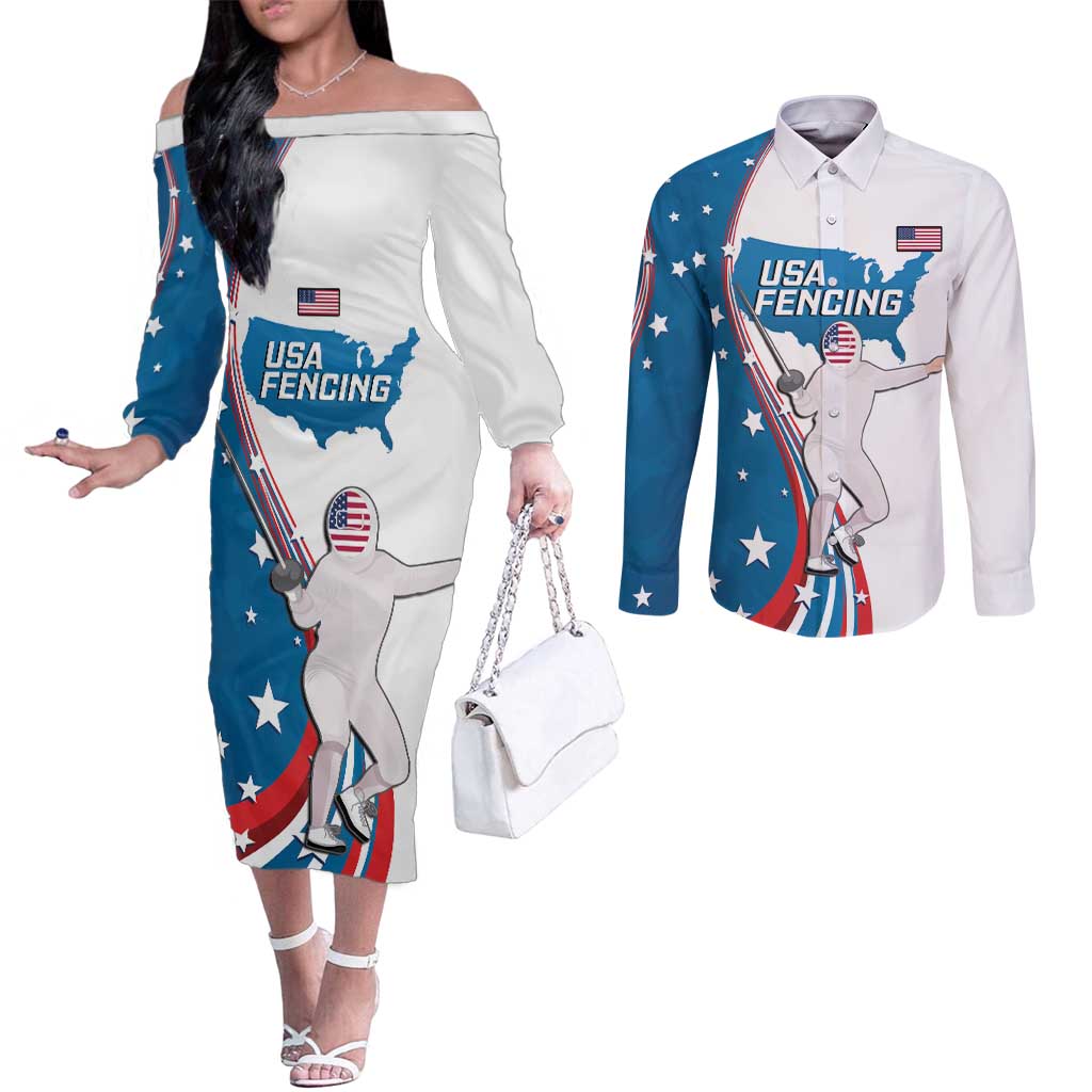 Personalized USA Fencing Couples Matching Off The Shoulder Long Sleeve Dress and Long Sleeve Button Shirt 2024 United States Flag Curve Style