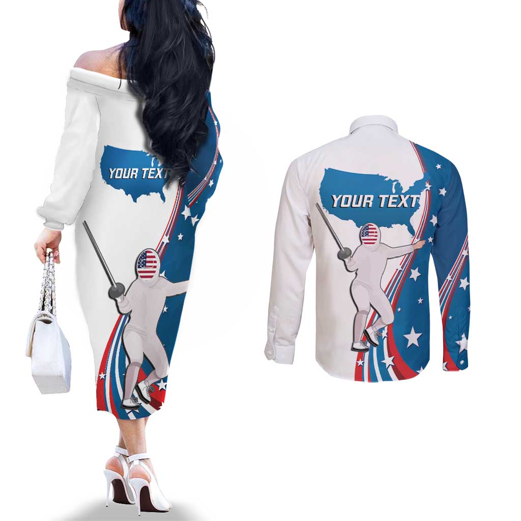Personalized USA Fencing Couples Matching Off The Shoulder Long Sleeve Dress and Long Sleeve Button Shirt 2024 United States Flag Curve Style