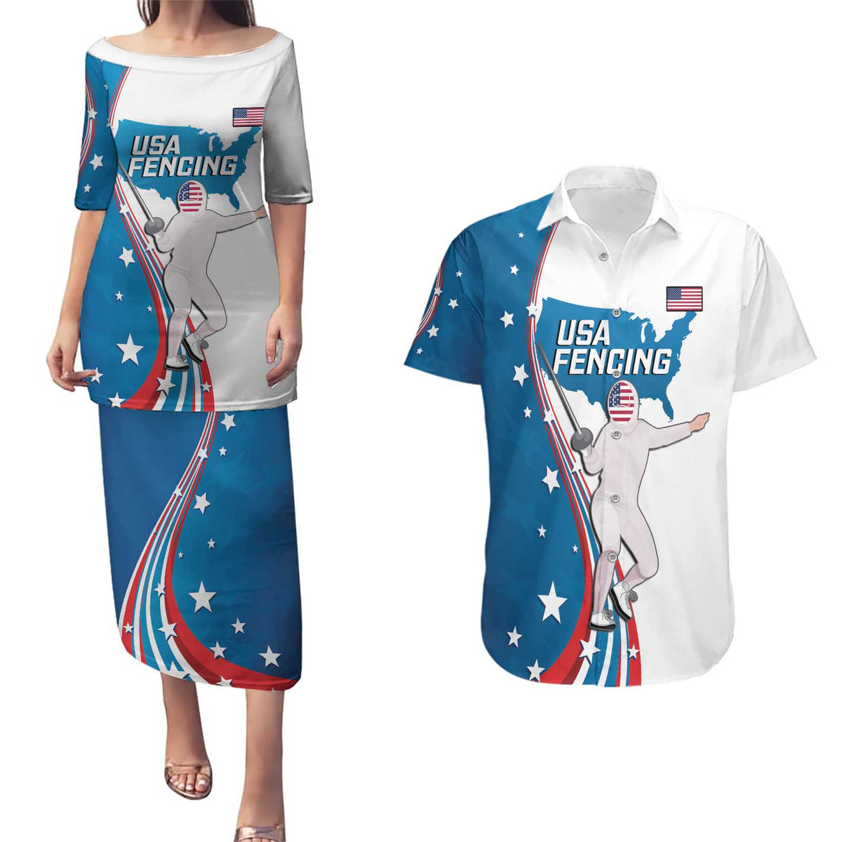 Personalized USA Fencing Couples Matching Puletasi and Hawaiian Shirt 2024 United States Flag Curve Style - Wonder Print Shop