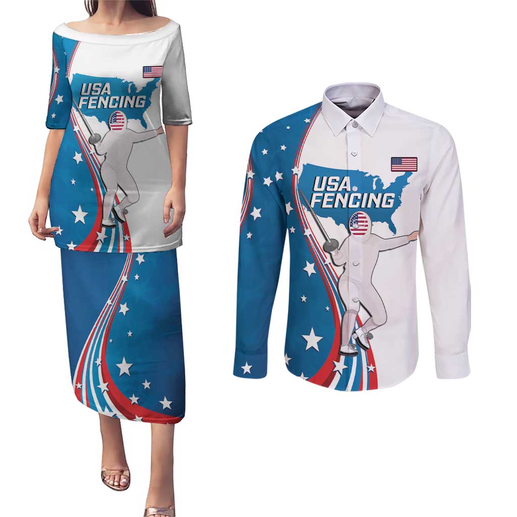 Personalized USA Fencing Couples Matching Puletasi and Long Sleeve Button Shirt 2024 United States Flag Curve Style - Wonder Print Shop