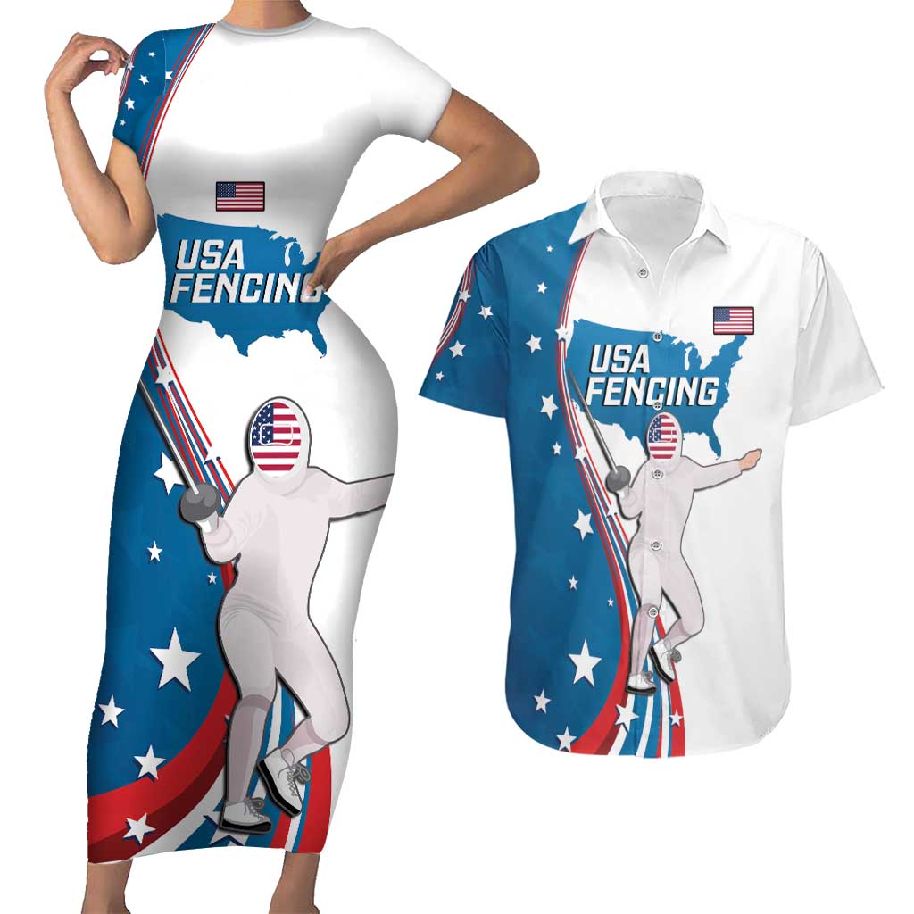 Personalized USA Fencing Couples Matching Short Sleeve Bodycon Dress and Hawaiian Shirt 2024 United States Flag Curve Style - Wonder Print Shop