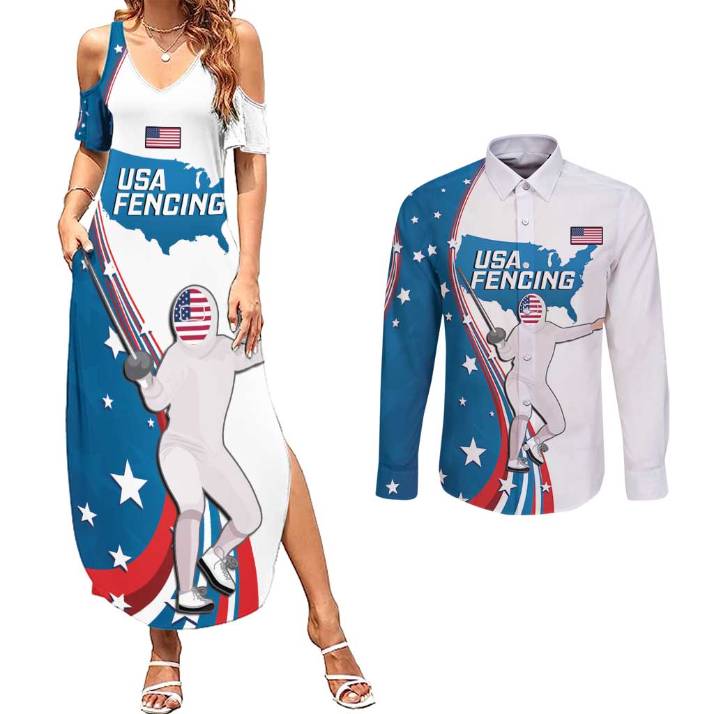 Personalized USA Fencing Couples Matching Summer Maxi Dress and Long Sleeve Button Shirt 2024 United States Flag Curve Style - Wonder Print Shop