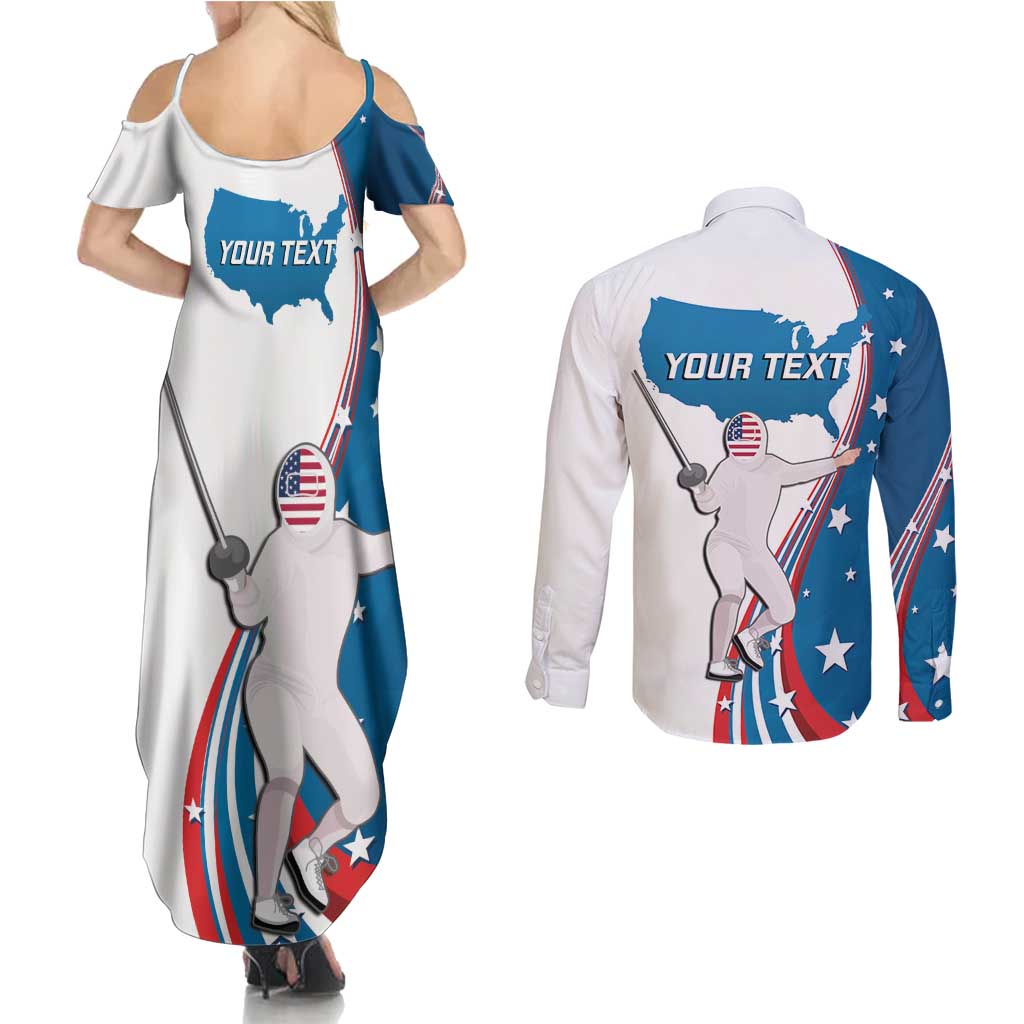 Personalized USA Fencing Couples Matching Summer Maxi Dress and Long Sleeve Button Shirt 2024 United States Flag Curve Style - Wonder Print Shop