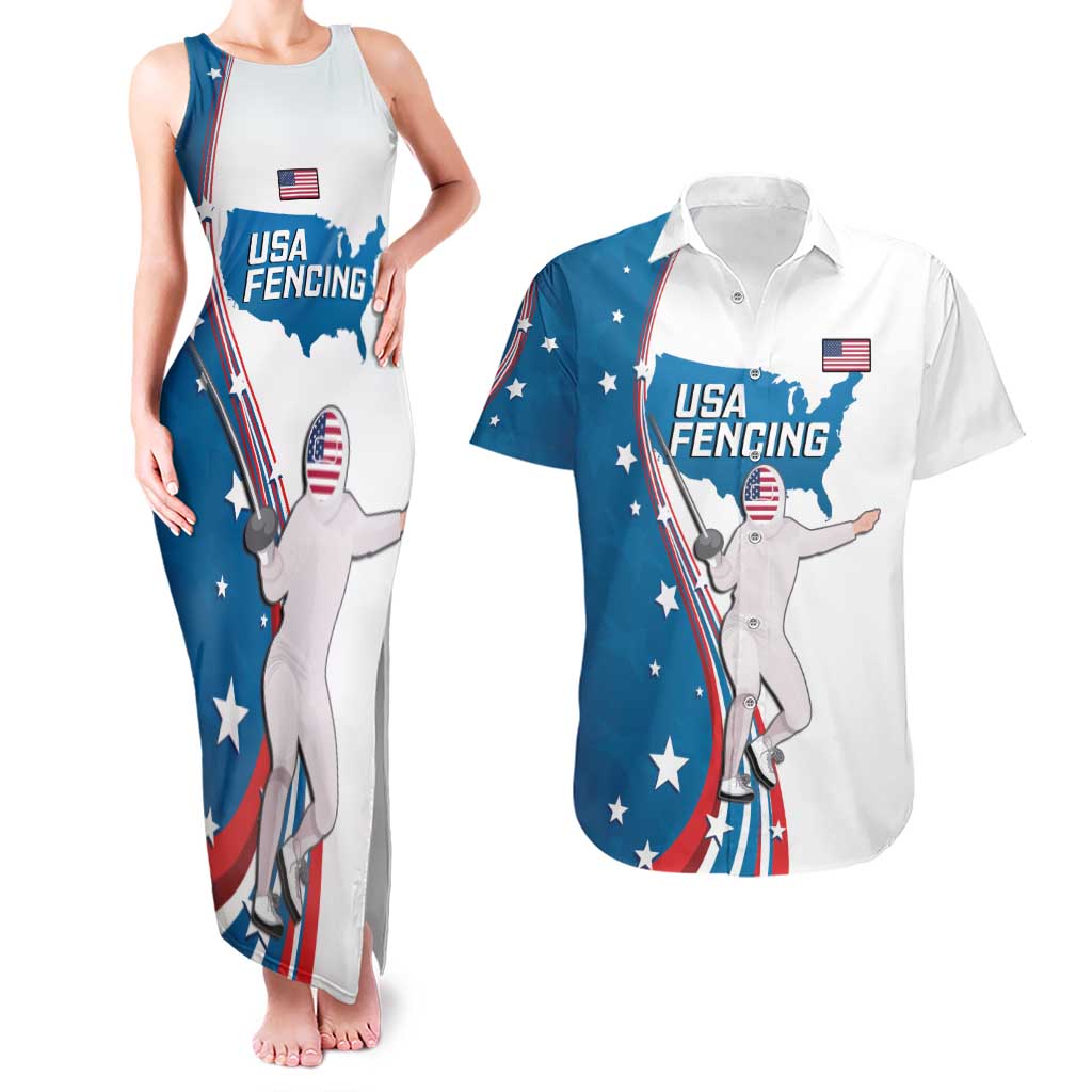 Personalized USA Fencing Couples Matching Tank Maxi Dress and Hawaiian Shirt 2024 United States Flag Curve Style - Wonder Print Shop