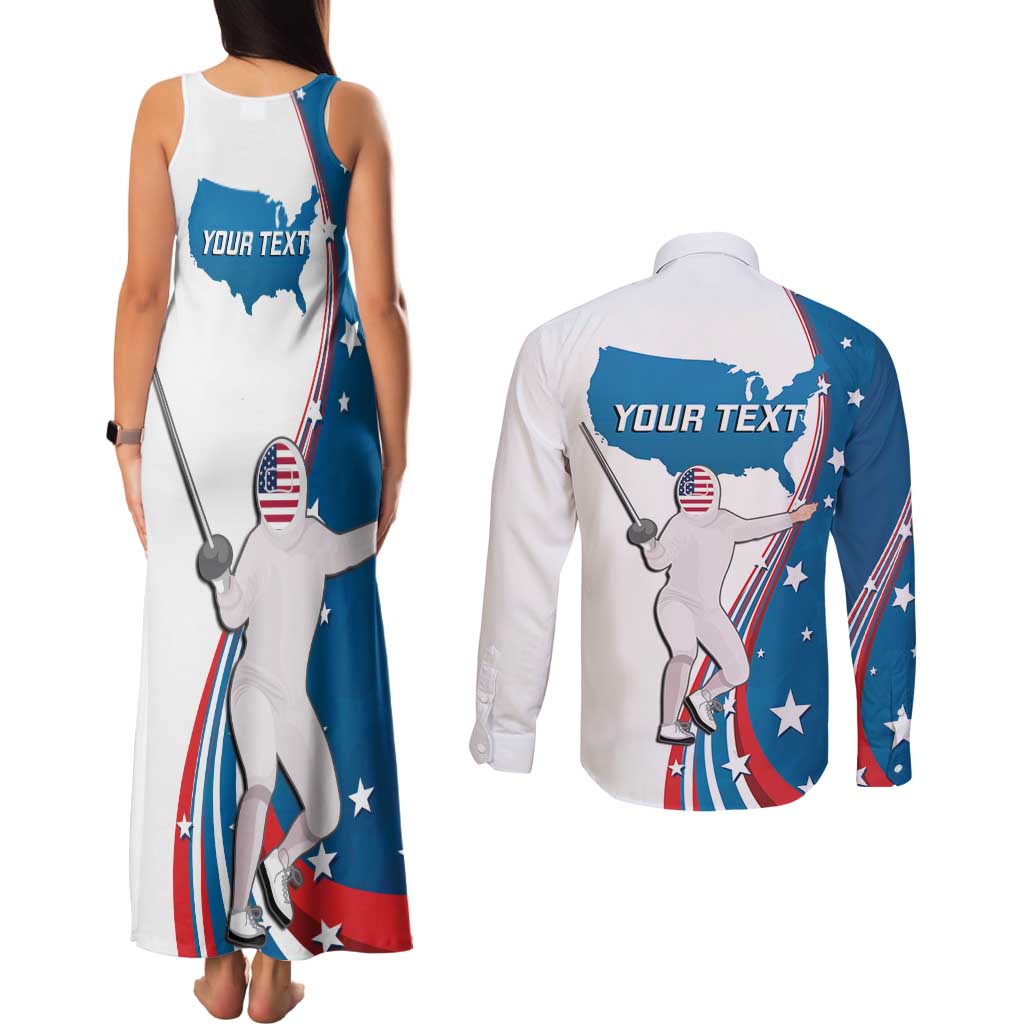 Personalized USA Fencing Couples Matching Tank Maxi Dress and Long Sleeve Button Shirt 2024 United States Flag Curve Style - Wonder Print Shop