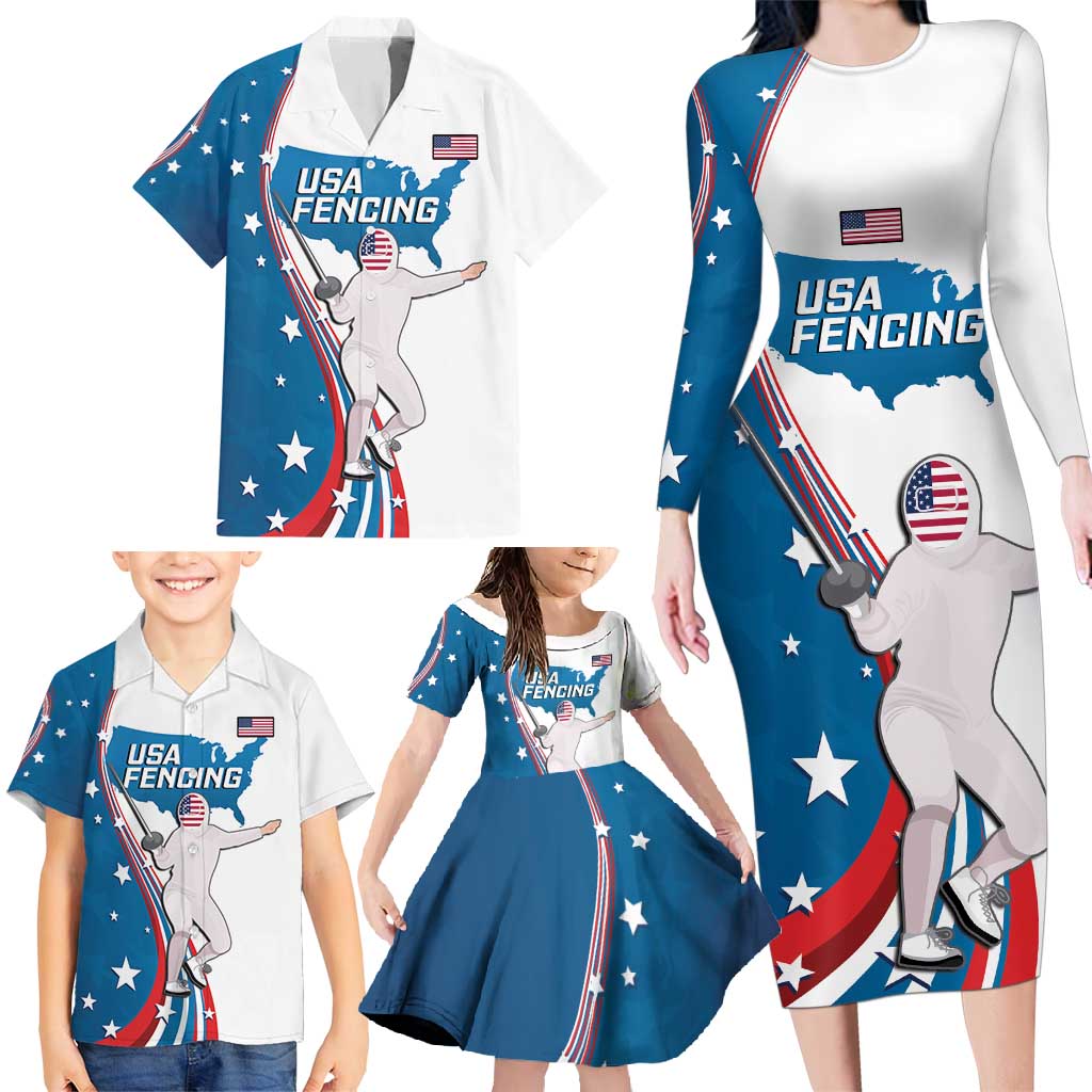 Personalized USA Fencing Family Matching Long Sleeve Bodycon Dress and Hawaiian Shirt 2024 United States Flag Curve Style - Wonder Print Shop