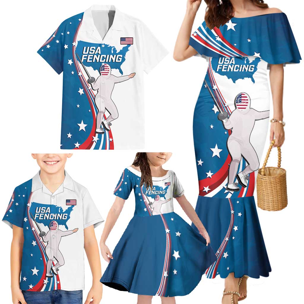 Personalized USA Fencing Family Matching Mermaid Dress and Hawaiian Shirt 2024 United States Flag Curve Style - Wonder Print Shop