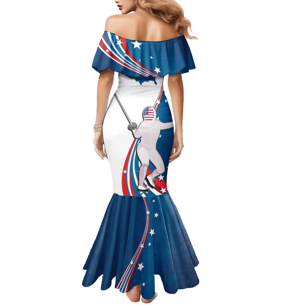 Personalized USA Fencing Family Matching Mermaid Dress and Hawaiian Shirt 2024 United States Flag Curve Style - Wonder Print Shop