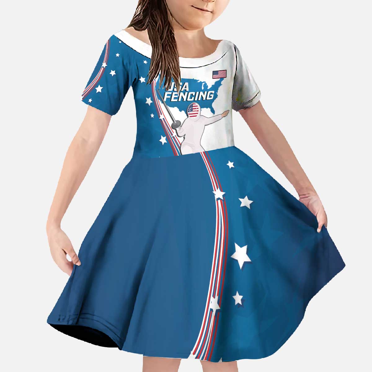 Personalized USA Fencing Family Matching Off The Shoulder Long Sleeve Dress and Hawaiian Shirt 2024 United States Flag Curve Style - Wonder Print Shop