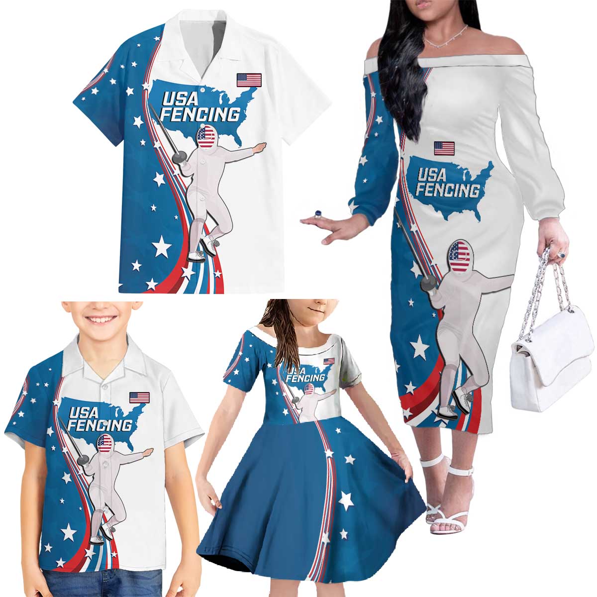 Personalized USA Fencing Family Matching Off The Shoulder Long Sleeve Dress and Hawaiian Shirt 2024 United States Flag Curve Style - Wonder Print Shop