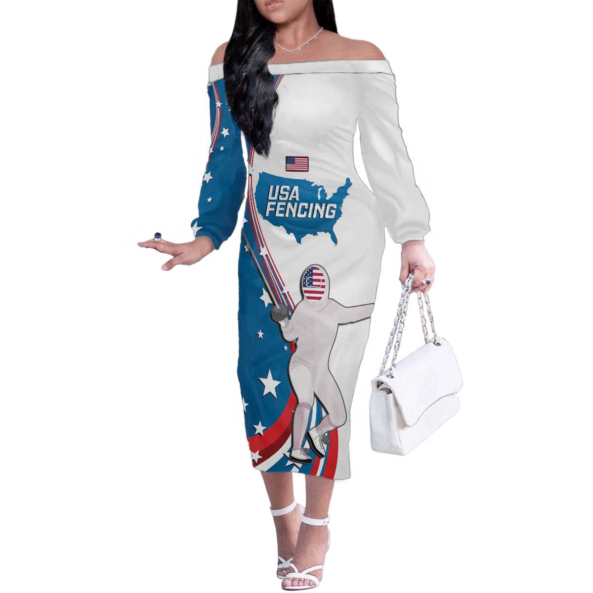Personalized USA Fencing Family Matching Off The Shoulder Long Sleeve Dress and Hawaiian Shirt 2024 United States Flag Curve Style - Wonder Print Shop