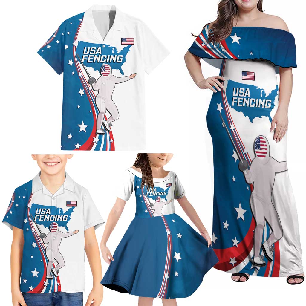 Personalized USA Fencing Family Matching Off Shoulder Maxi Dress and Hawaiian Shirt 2024 United States Flag Curve Style - Wonder Print Shop