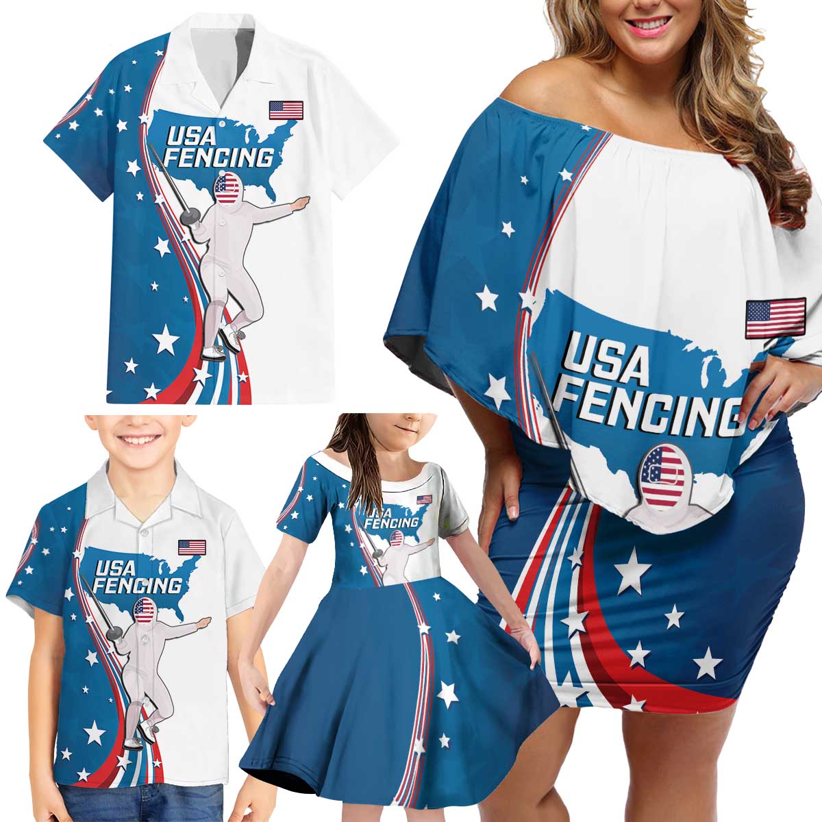 Personalized USA Fencing Family Matching Off Shoulder Short Dress and Hawaiian Shirt 2024 United States Flag Curve Style - Wonder Print Shop