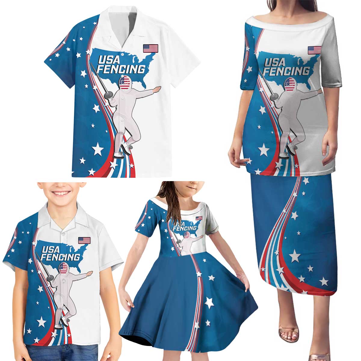 Personalized USA Fencing Family Matching Puletasi and Hawaiian Shirt 2024 United States Flag Curve Style - Wonder Print Shop