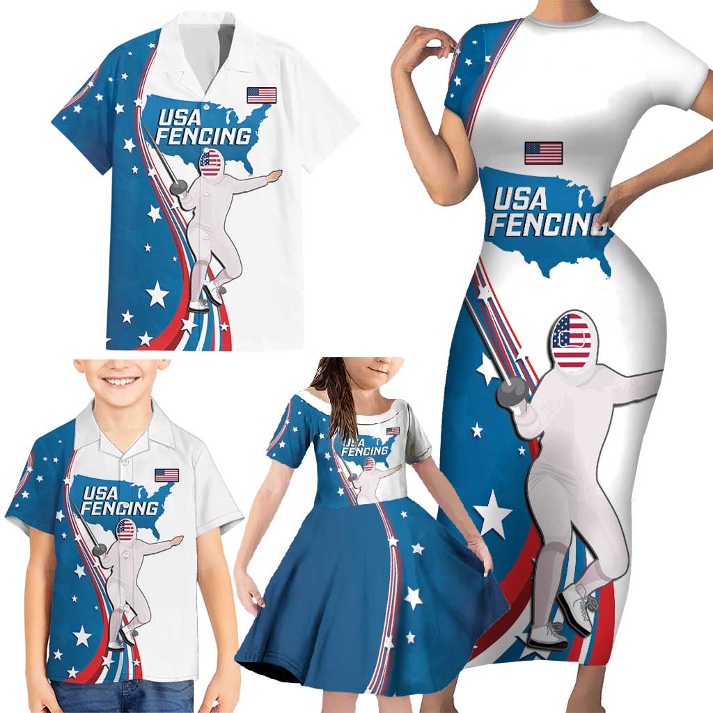 Personalized USA Fencing Family Matching Short Sleeve Bodycon Dress and Hawaiian Shirt 2024 United States Flag Curve Style - Wonder Print Shop
