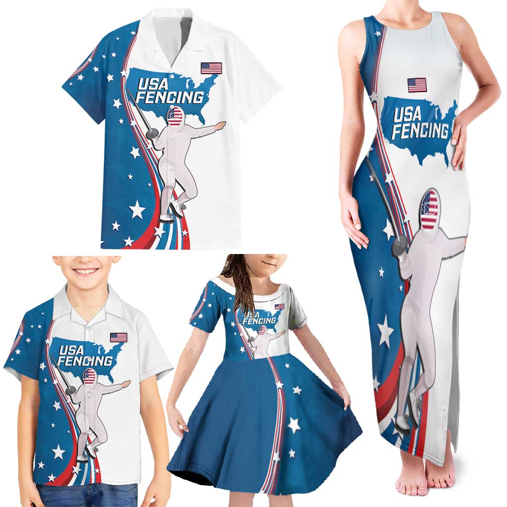 Personalized USA Fencing Family Matching Tank Maxi Dress and Hawaiian Shirt 2024 United States Flag Curve Style - Wonder Print Shop