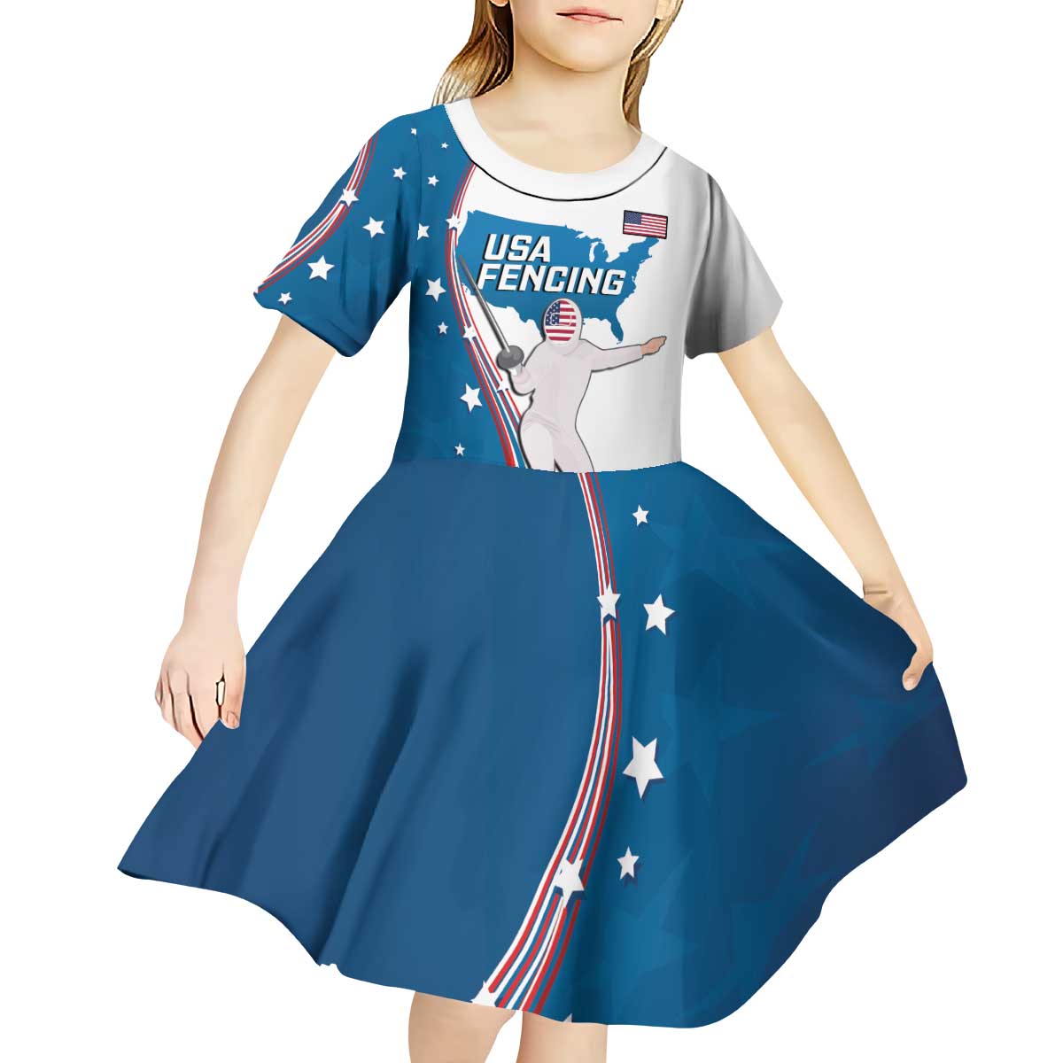 Personalized USA Fencing Kid Short Sleeve Dress 2024 United States Flag Curve Style - Wonder Print Shop