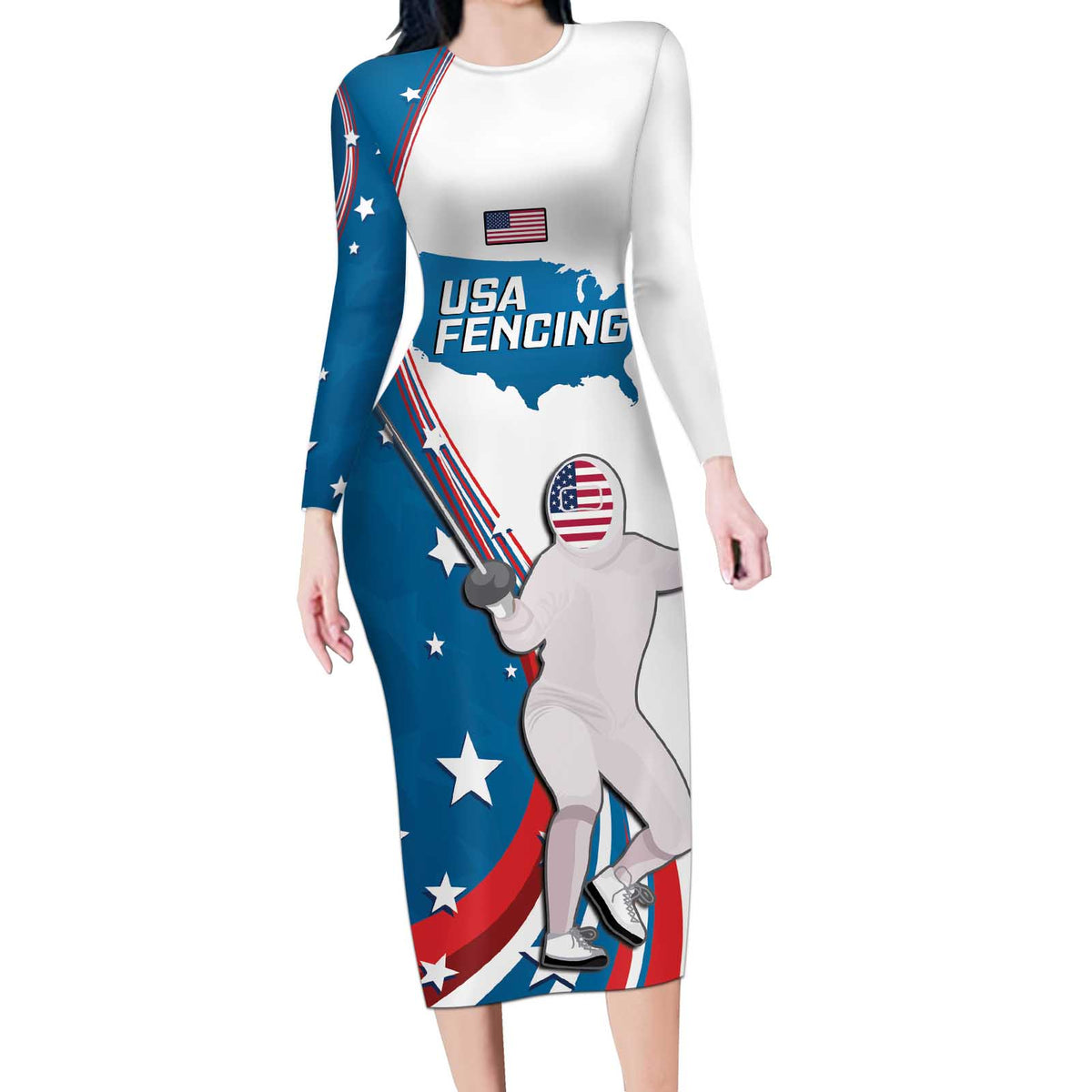 Personalized USA Fencing Long Sleeve Bodycon Dress 2024 United States Flag Curve Style - Wonder Print Shop