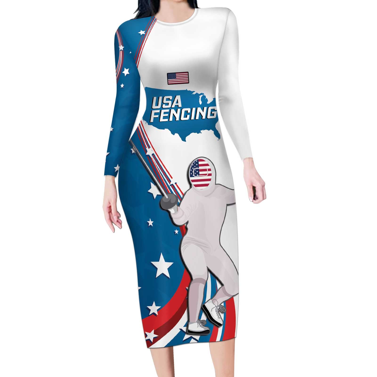 Personalized USA Fencing Long Sleeve Bodycon Dress 2024 United States Flag Curve Style - Wonder Print Shop