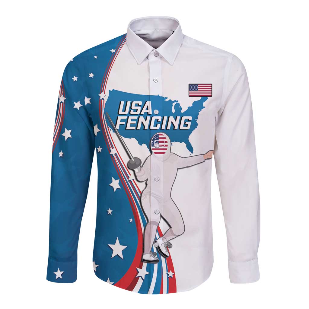 Personalized USA Fencing Long Sleeve Button Shirt 2024 United States Flag Curve Style - Wonder Print Shop