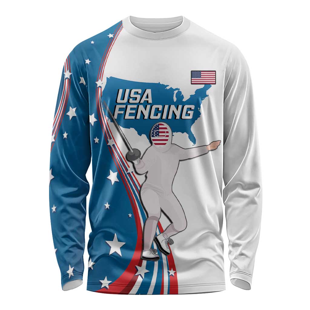 Personalized USA Fencing Long Sleeve Shirt 2024 United States Flag Curve Style - Wonder Print Shop