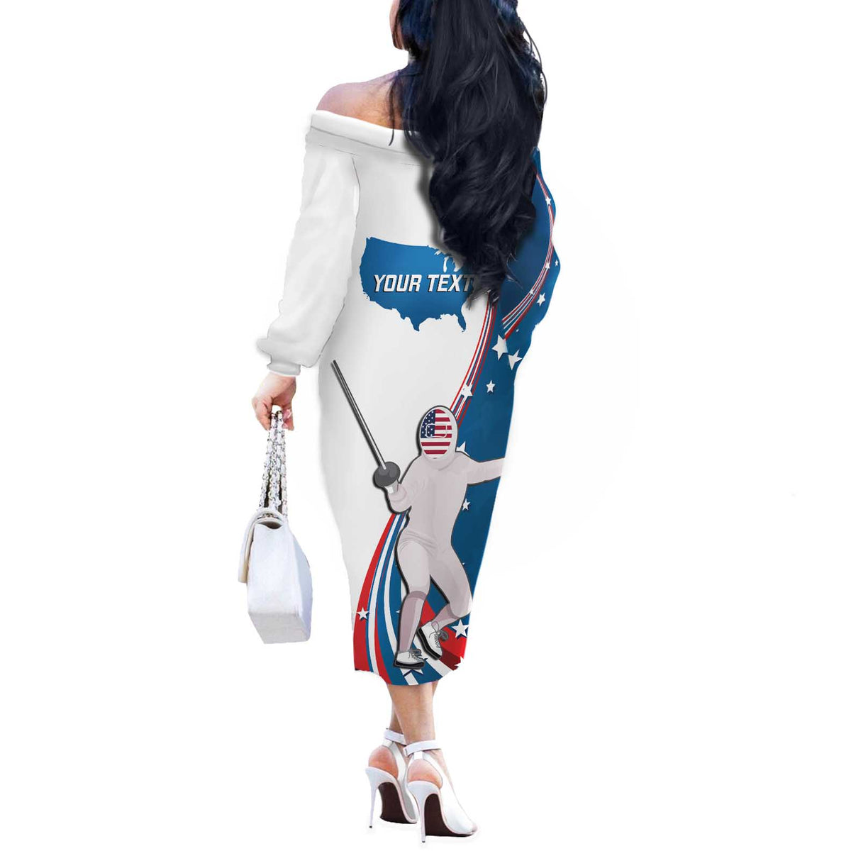 Personalized USA Fencing Off The Shoulder Long Sleeve Dress 2024 United States Flag Curve Style - Wonder Print Shop