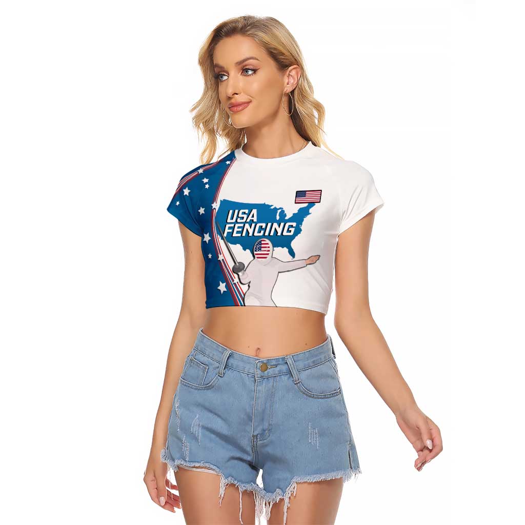 Personalized USA Fencing Raglan Cropped T Shirt 2024 United States Flag Curve Style - Wonder Print Shop