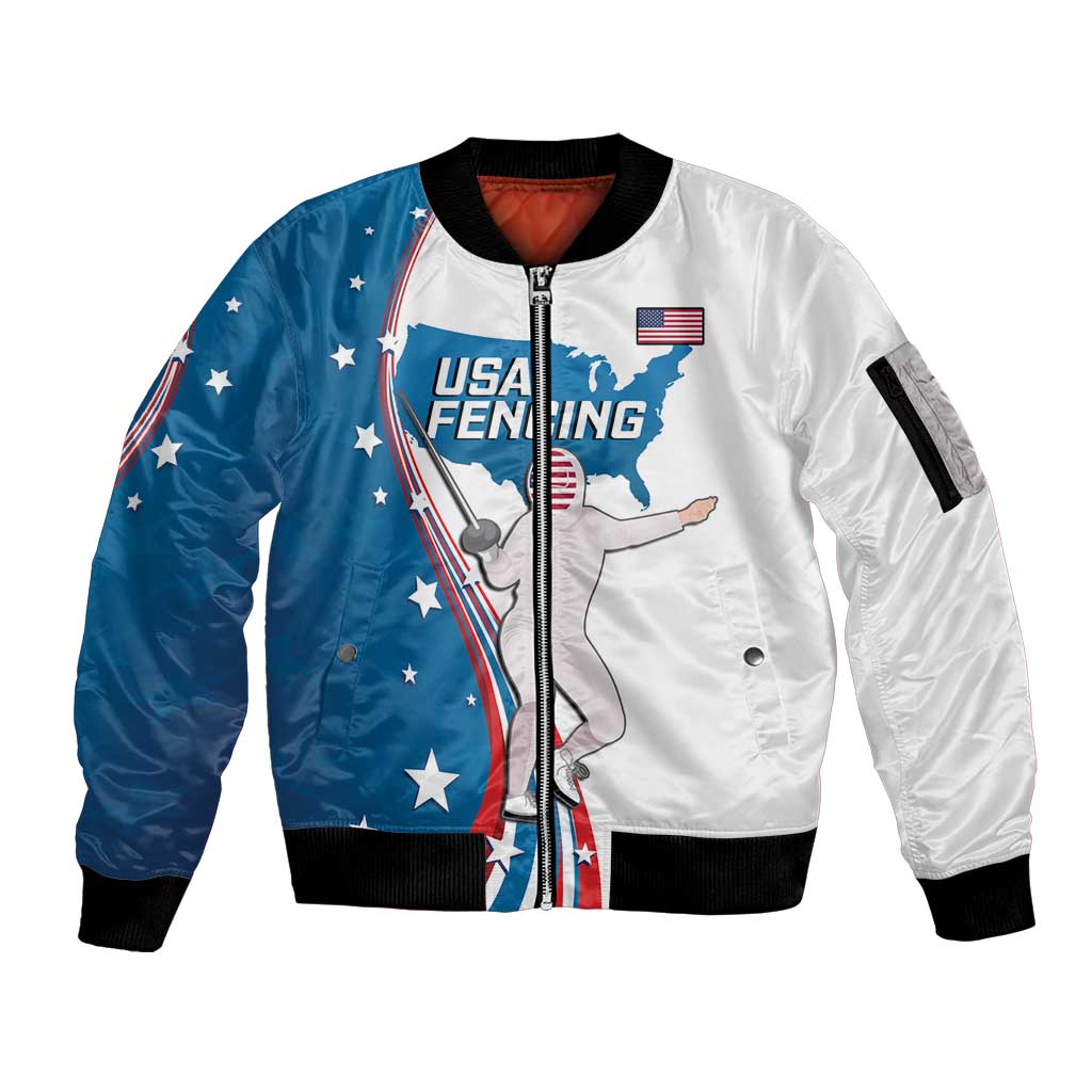 Personalized USA Fencing Sleeve Zip Bomber Jacket 2024 United States Flag Curve Style - Wonder Print Shop