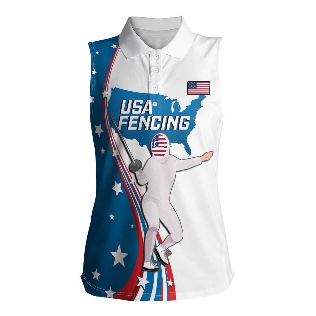 Personalized USA Fencing Women Sleeveless Polo Shirt 2024 United States Flag Curve Style - Wonder Print Shop