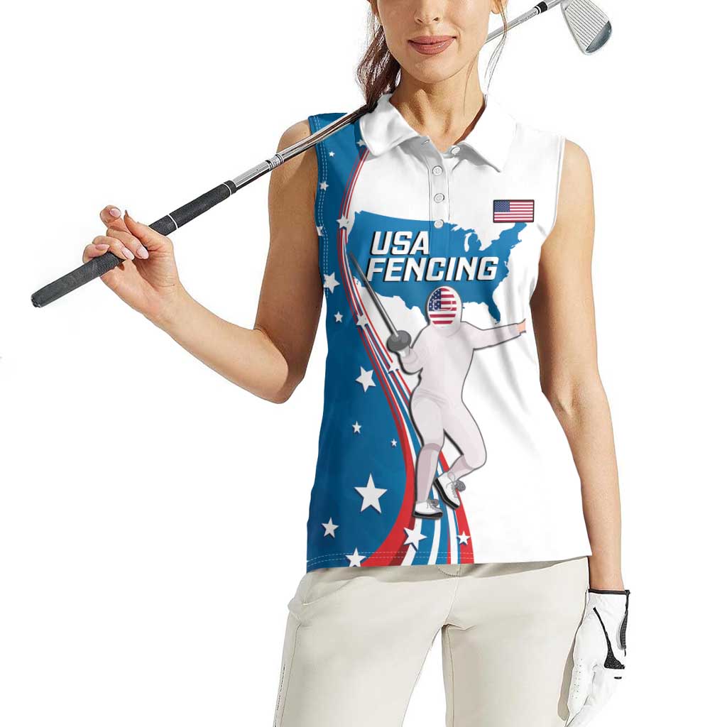 Personalized USA Fencing Women Sleeveless Polo Shirt 2024 United States Flag Curve Style - Wonder Print Shop