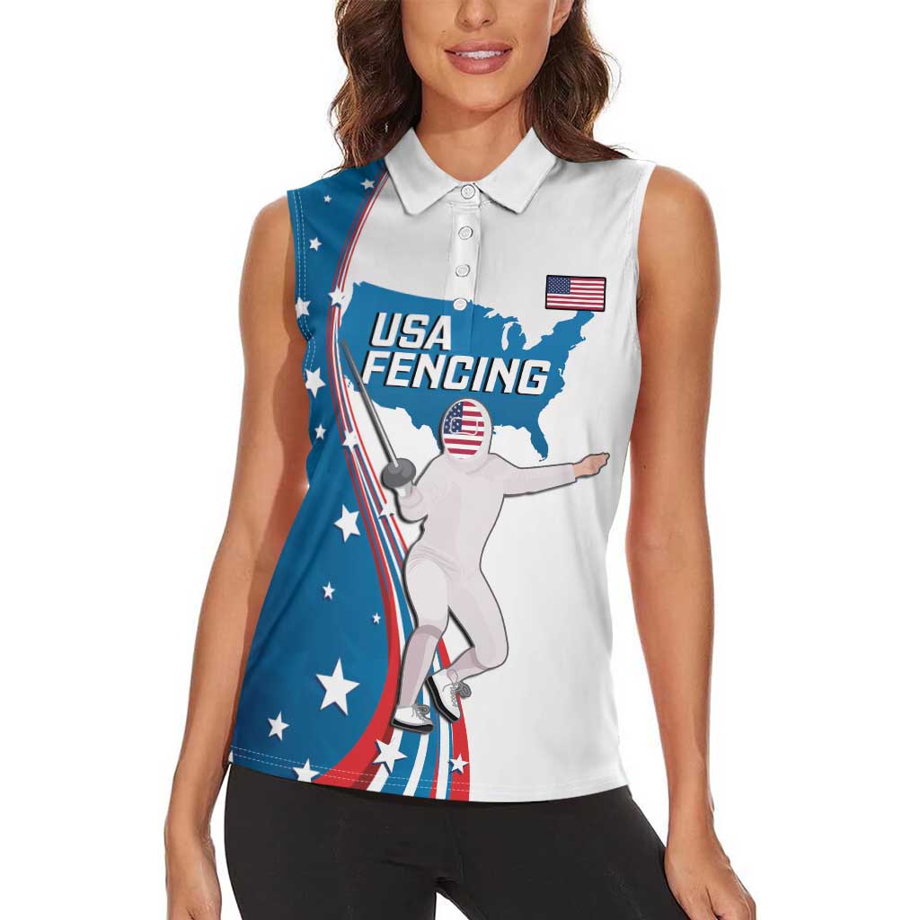 Personalized USA Fencing Women Sleeveless Polo Shirt 2024 United States Flag Curve Style - Wonder Print Shop