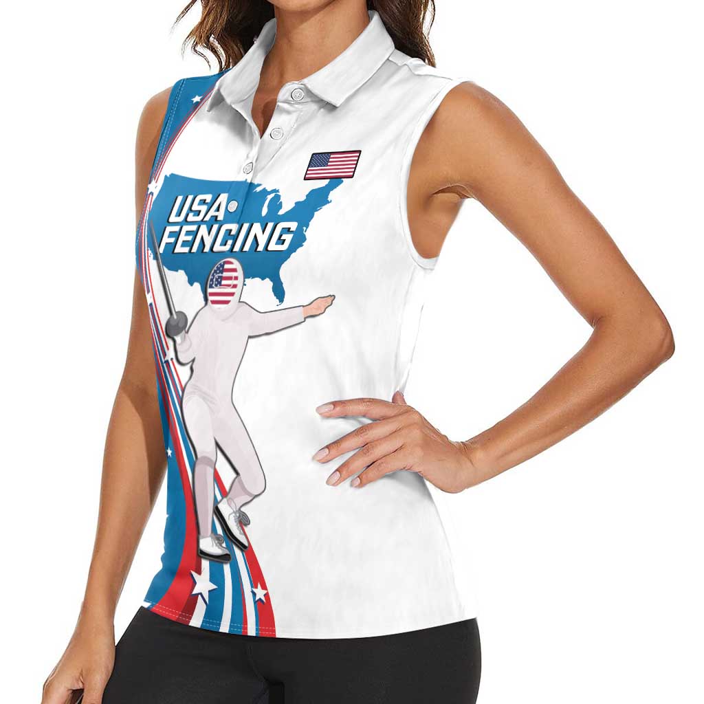 Personalized USA Fencing Women Sleeveless Polo Shirt 2024 United States Flag Curve Style - Wonder Print Shop