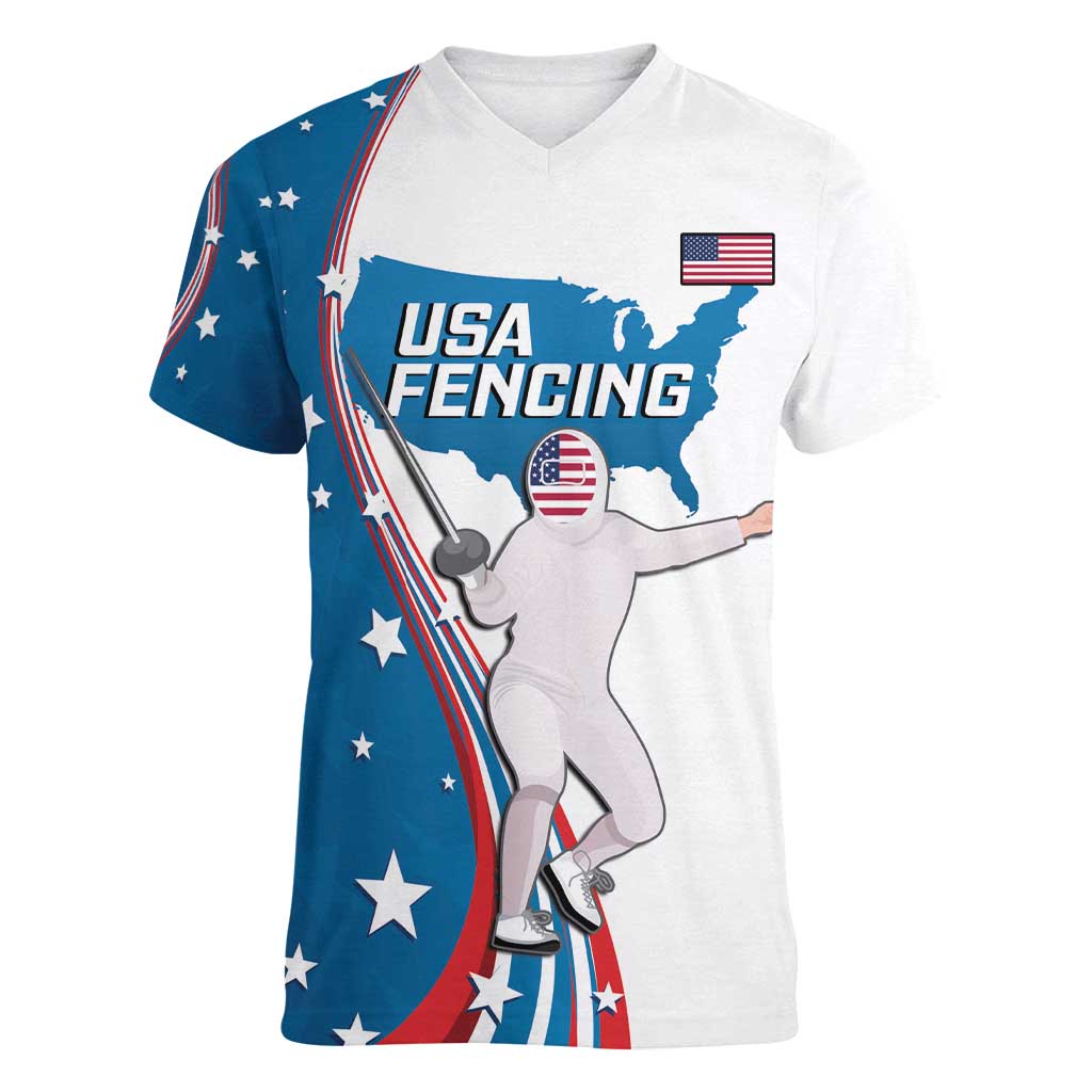 Personalized USA Fencing Women V-Neck T-Shirt 2024 United States Flag Curve Style - Wonder Print Shop