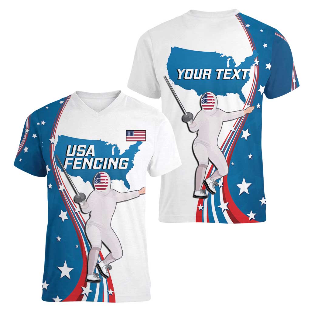 Personalized USA Fencing Women V-Neck T-Shirt 2024 United States Flag Curve Style - Wonder Print Shop