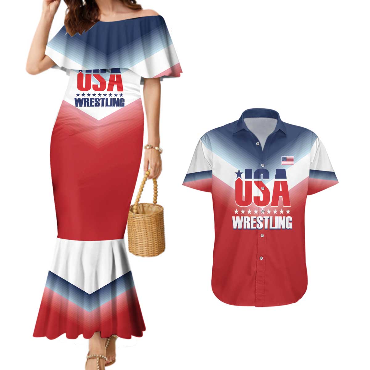 Custom USA Wrestling Couples Matching Mermaid Dress and Hawaiian Shirt 2024 Sporty Style - Wonder Print Shop