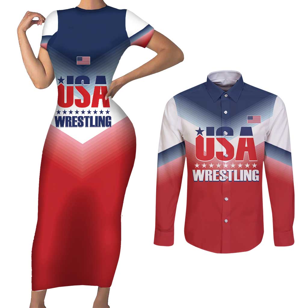 Custom USA Wrestling Couples Matching Short Sleeve Bodycon Dress and Long Sleeve Button Shirt 2024 Sporty Style - Wonder Print Shop