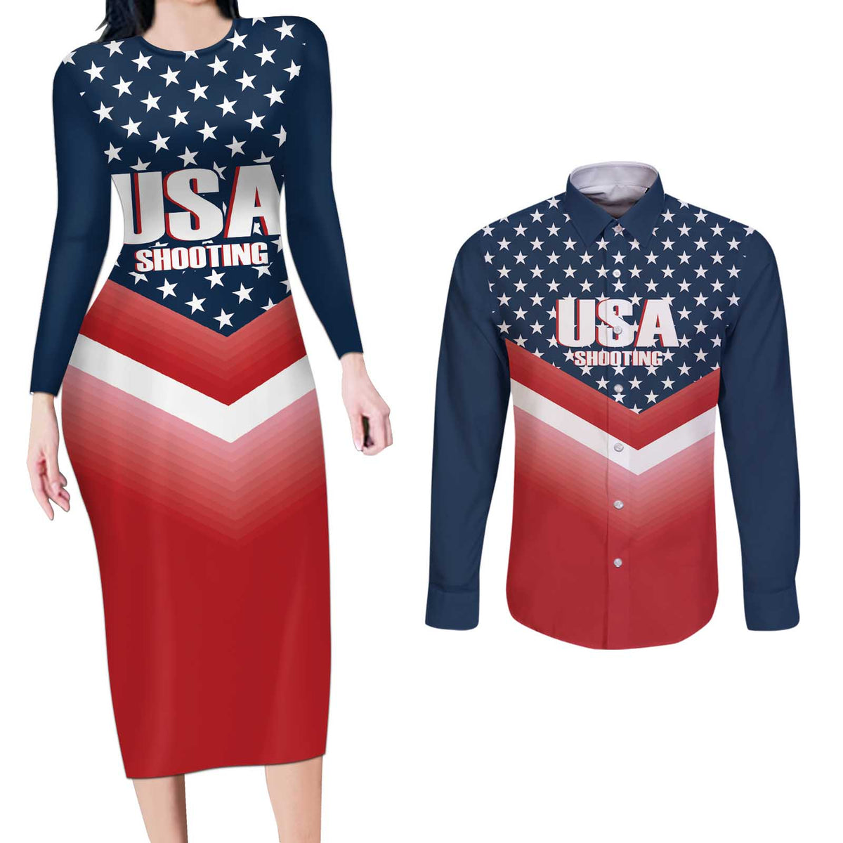 Custom USA Shooting Couples Matching Long Sleeve Bodycon Dress and Long Sleeve Button Shirt 2024 Sporty Style - Wonder Print Shop