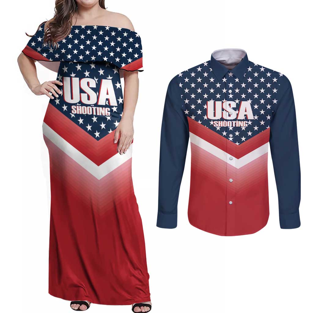 Custom USA Shooting Couples Matching Off Shoulder Maxi Dress and Long Sleeve Button Shirt 2024 Sporty Style - Wonder Print Shop