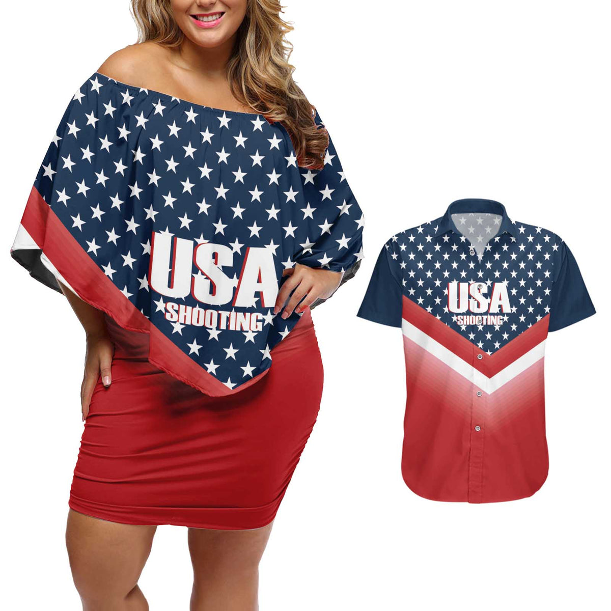 Custom USA Shooting Couples Matching Off Shoulder Short Dress and Hawaiian Shirt 2024 Sporty Style - Wonder Print Shop